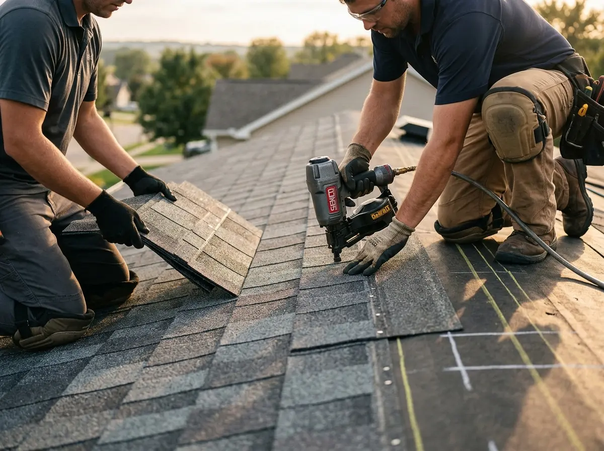 Professional roofer working on a residential roof in Crafton